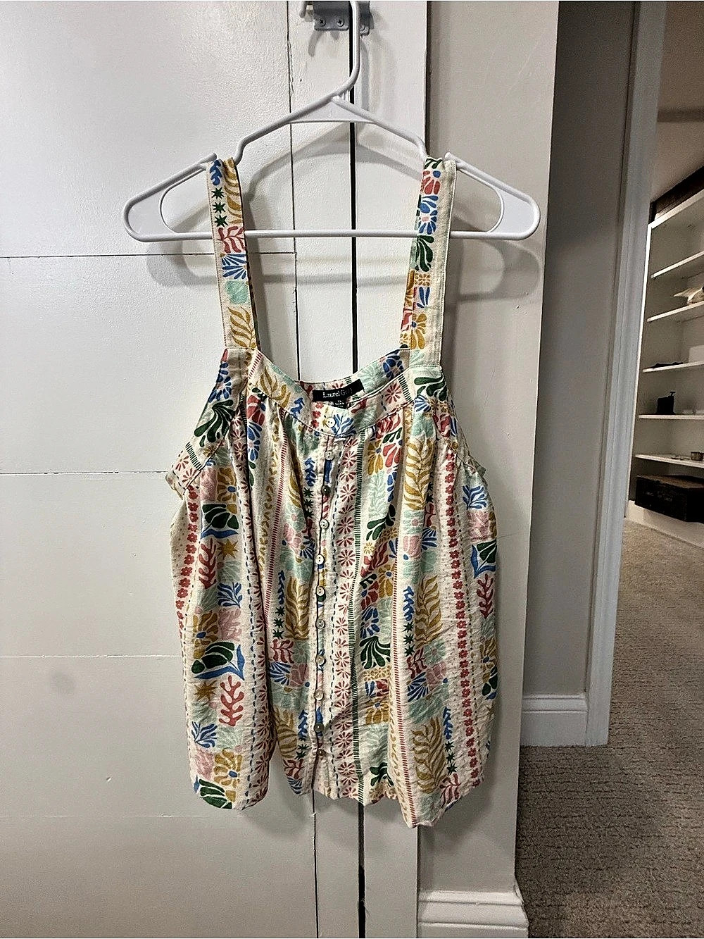 Laurel Grey Square Neck Button Front Tank Abstract Tropical Print XL NWT